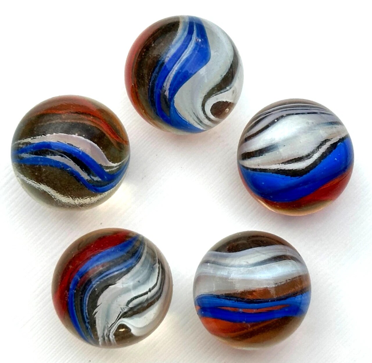 Red White Blue Cat's Eye Glass Marbles 22mm (7/8 inch) SHOOTER Taw (Lot of 5)